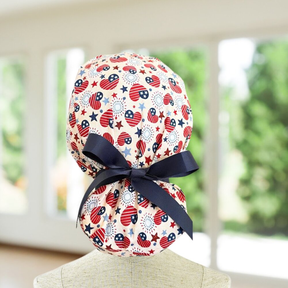 Premium American Hearts 4th July~ Ponytail Scrub Cap, RN, OR, CNA, MD, gift!